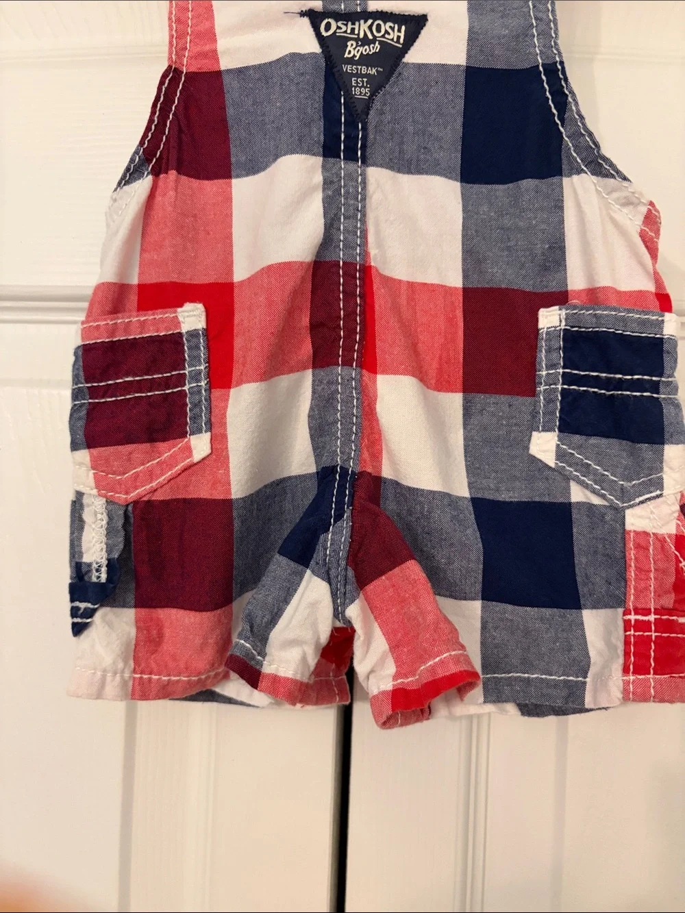 OshKosh B'gosh Red, White& Blue Plaid Short Overalls Adorable! 3 Months EUC